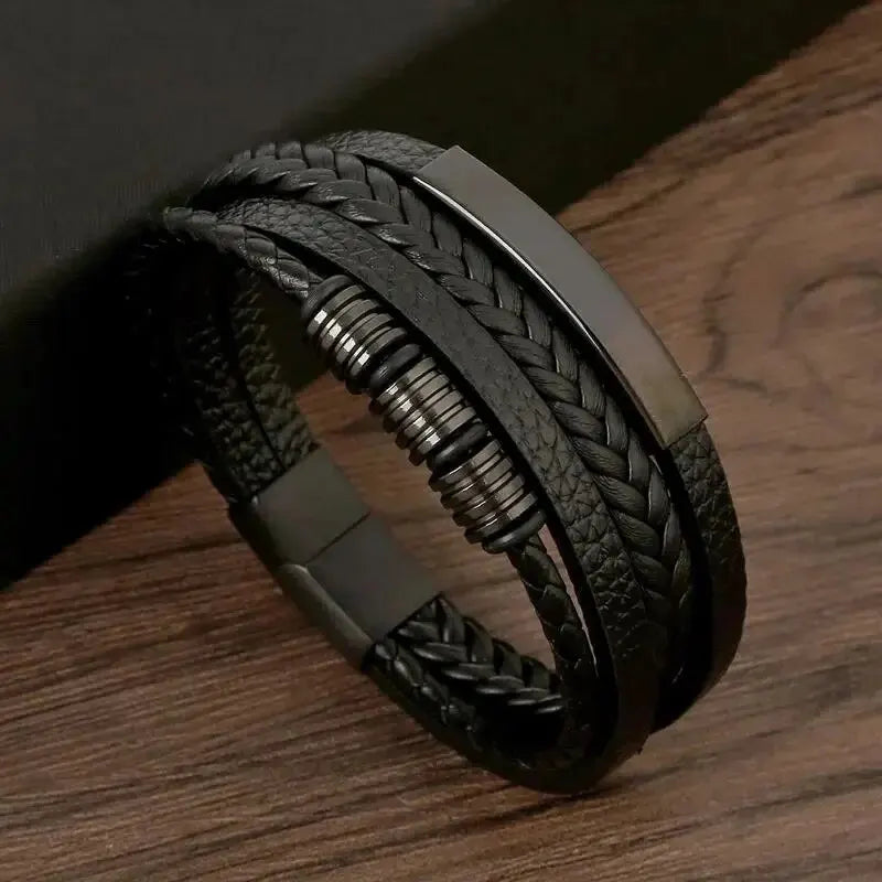 Multi Layers PU Leather Mens Magnut Closure Bracelet Waved Leather