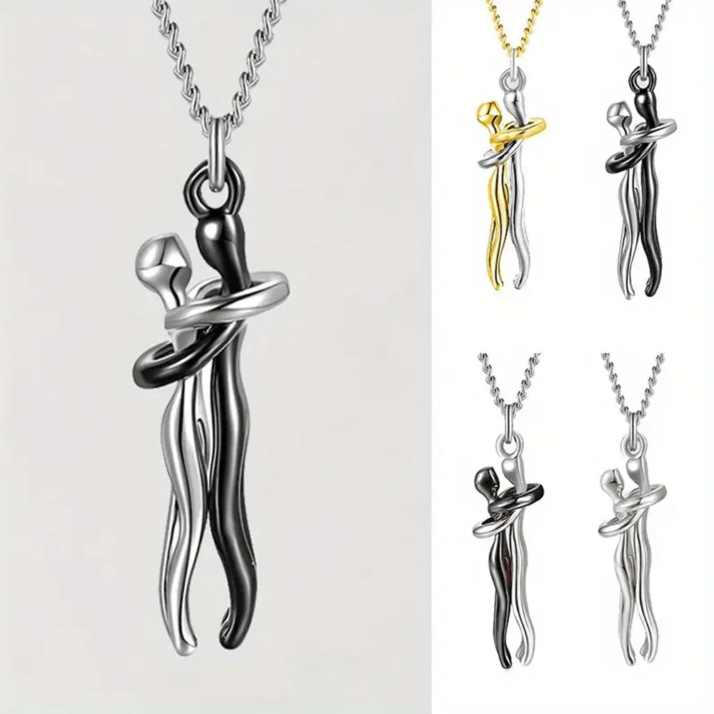Chic Black Hug Pendant Necklace for Couples - Elegant Love