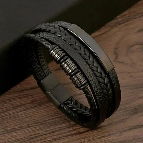 Multi Layers PU Leather Mens Magnut Closure Bracelet Waved Leather