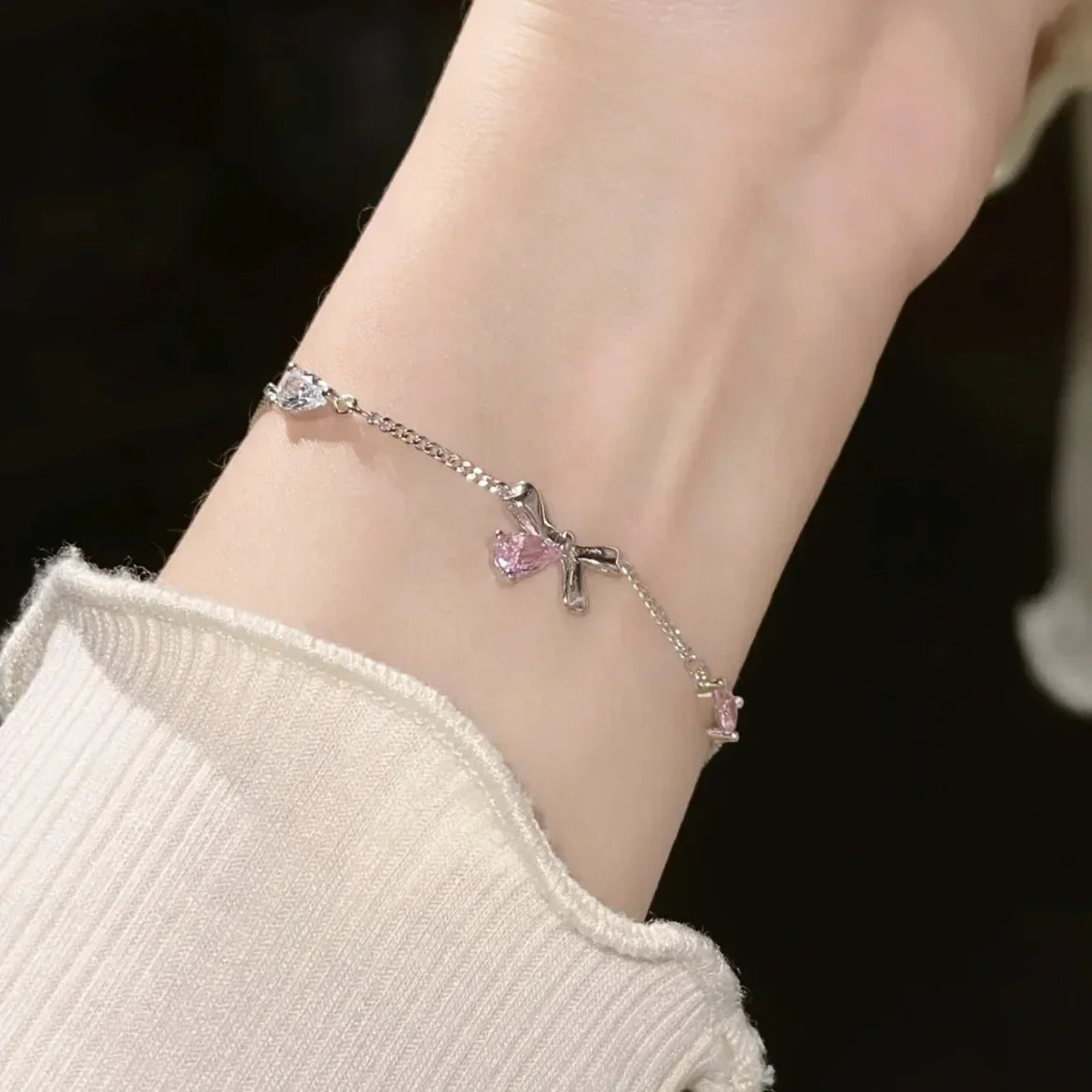 Shiny Pink Crystal Cherry Blossom Bracelets For Women Girls Sweet Moon